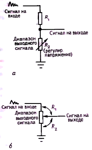 Регулируемый делитель напряжения из двух резисторов - с фиксированным сопротивлением и с переменным сопоставлением, или из потенциометра