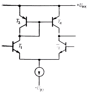 Схема дифференциального усилителя с токовым зеркалом в качестве активной нагрузки
